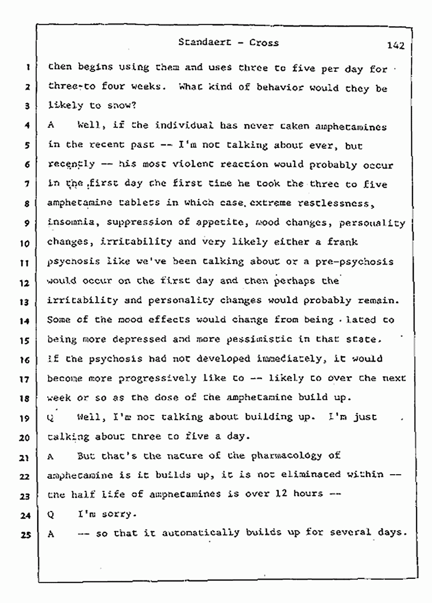 Los Angeles, California Civil Trial<br>Jeffrey MacDonald vs. Joe McGinniss<br><br>August 7, 1987:<br>Defendant's Witness: Frank Standaert, p. 142
