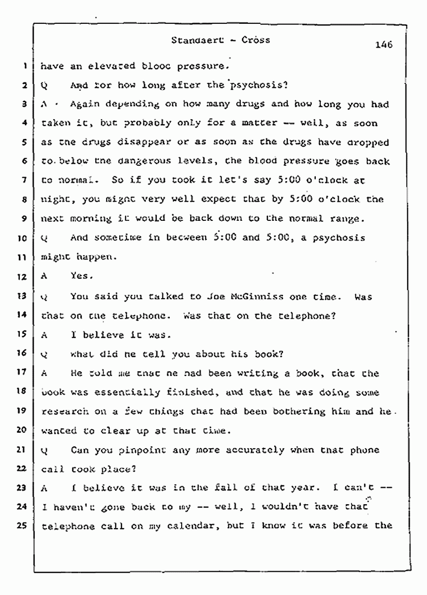 Los Angeles, California Civil Trial<br>Jeffrey MacDonald vs. Joe McGinniss<br><br>August 7, 1987:<br>Defendant's Witness: Frank Standaert, p. 146