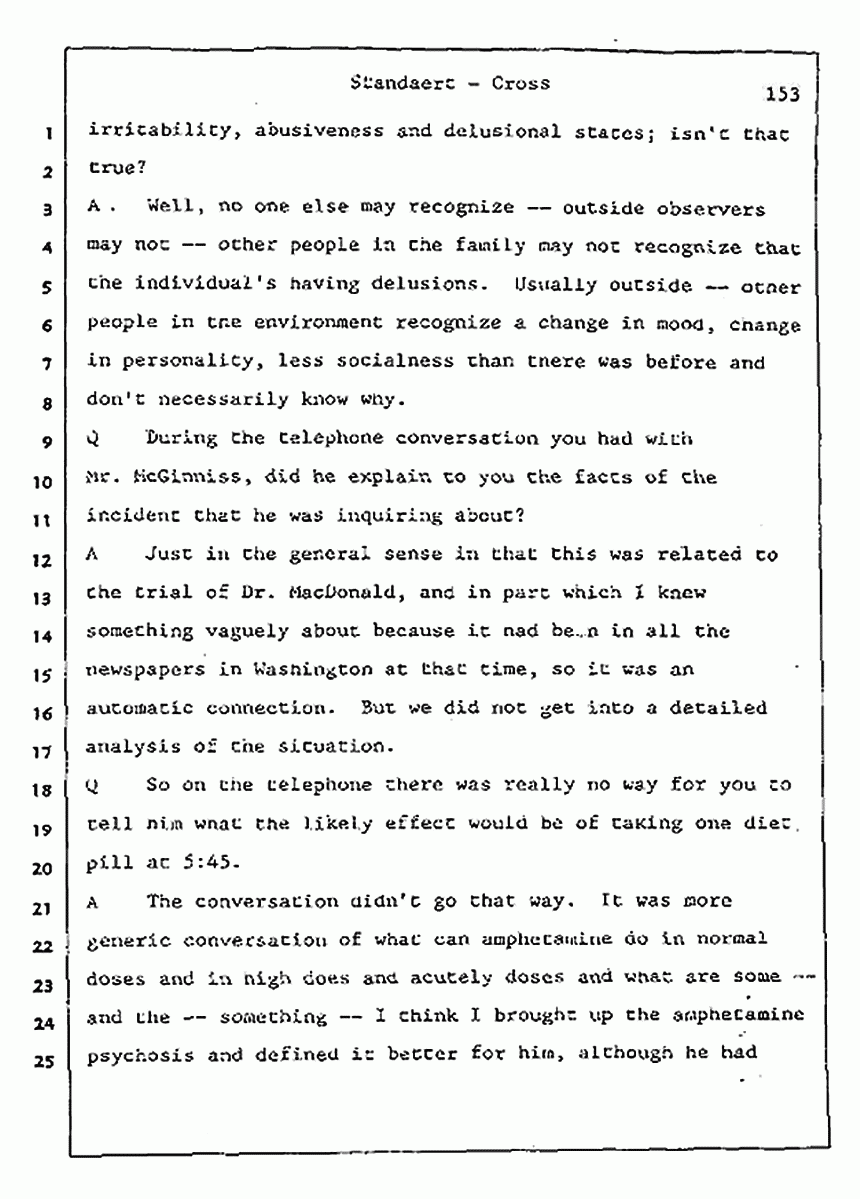 Los Angeles, California Civil Trial<br>Jeffrey MacDonald vs. Joe McGinniss<br><br>August 7, 1987:<br>Defendant's Witness: Frank Standaert, p. 153