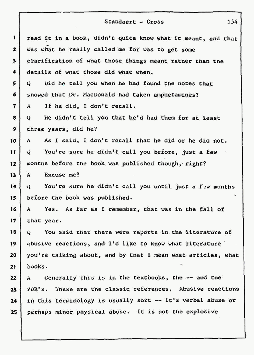 Los Angeles, California Civil Trial<br>Jeffrey MacDonald vs. Joe McGinniss<br><br>August 7, 1987:<br>Defendant's Witness: Frank Standaert, p. 154