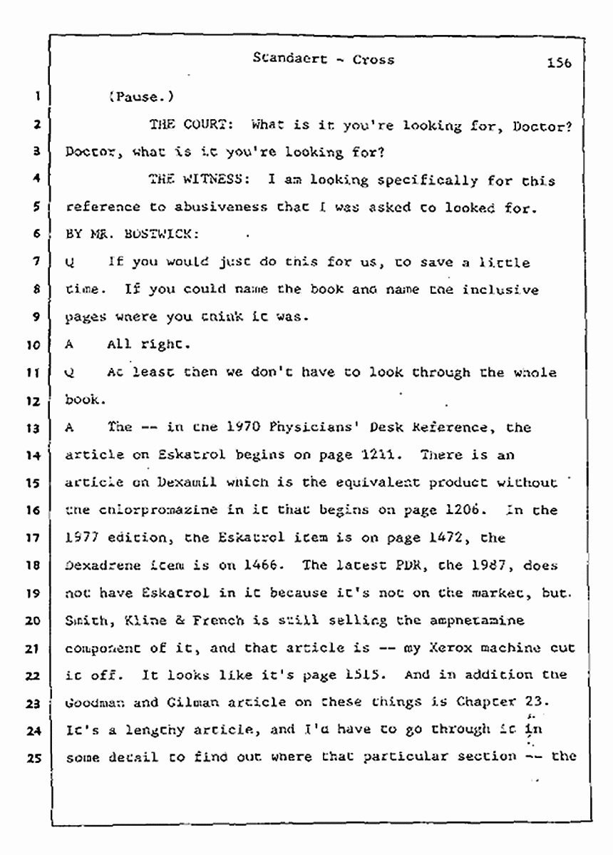 Los Angeles, California Civil Trial<br>Jeffrey MacDonald vs. Joe McGinniss<br><br>August 7, 1987:<br>Defendant's Witness: Frank Standaert, p. 156
