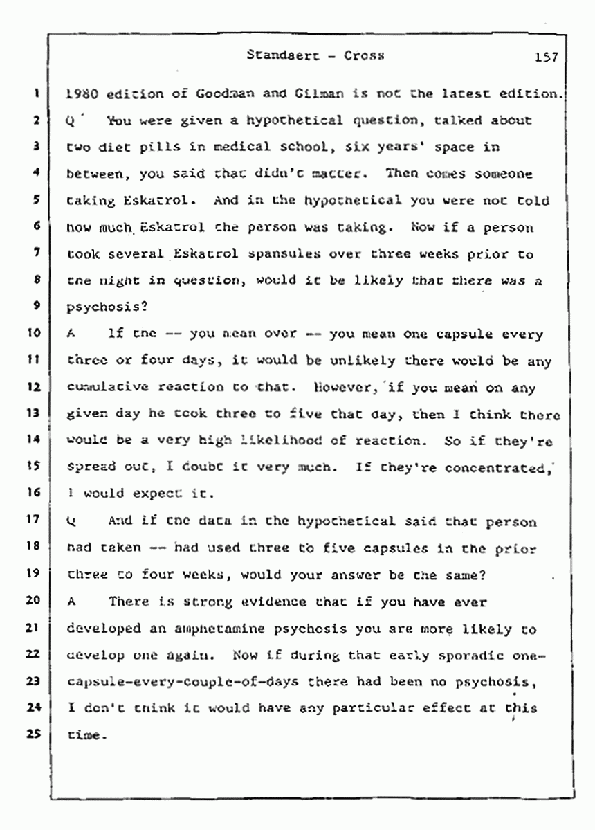 Los Angeles, California Civil Trial<br>Jeffrey MacDonald vs. Joe McGinniss<br><br>August 7, 1987:<br>Defendant's Witness: Frank Standaert, p. 157