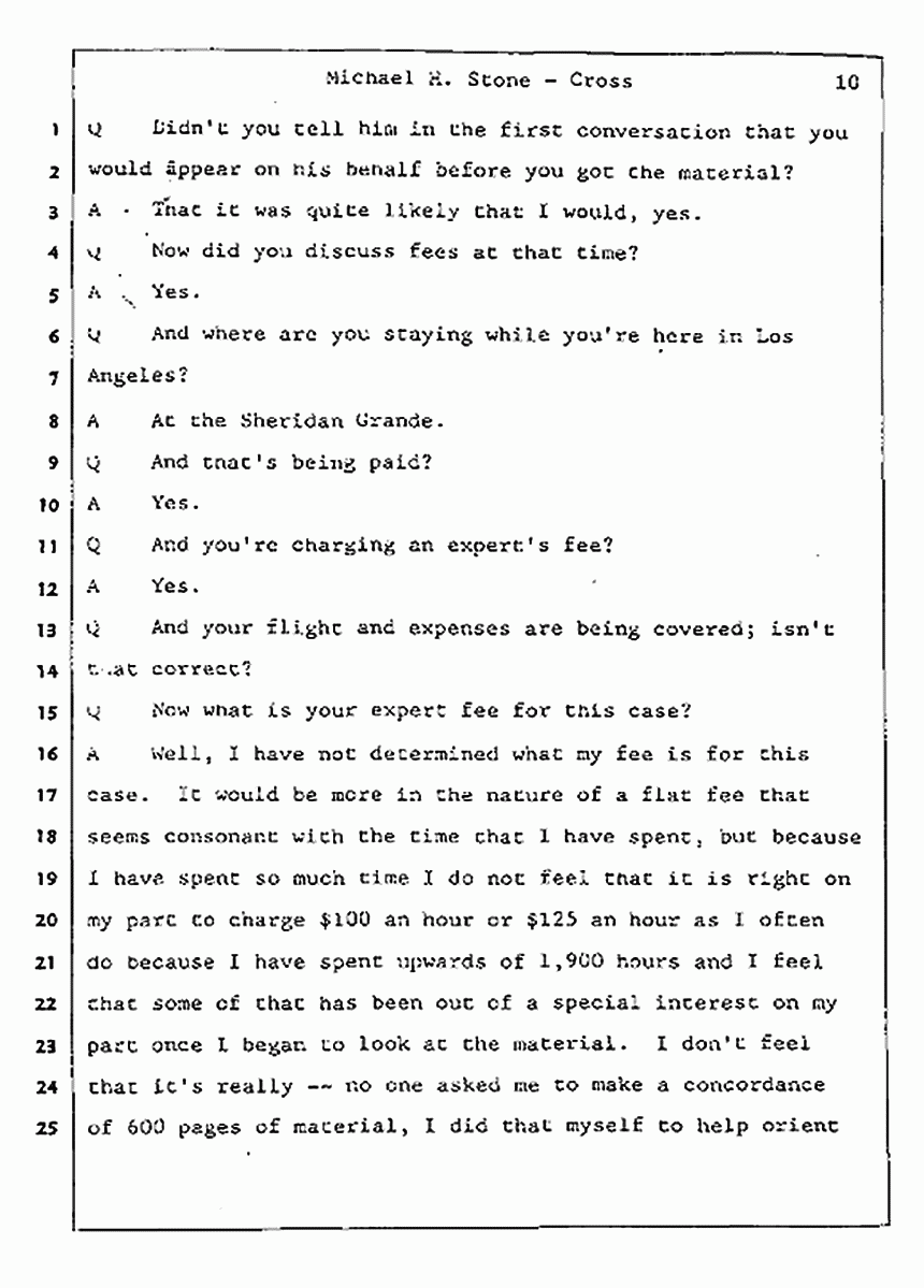 Los Angeles, California Civil Trial<br>Jeffrey MacDonald vs. Joe McGinniss<br><br>August 7, 1987:<br>Defendant's Witness: Michael Stone, M.D., p. 10