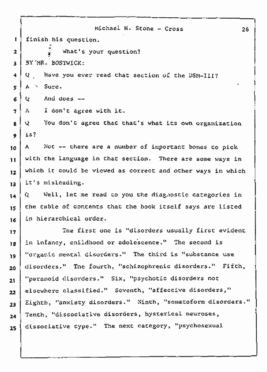 Los Angeles, California Civil Trial<br>Jeffrey MacDonald vs. Joe McGinniss<br><br>August 7, 1987:<br>Defendant's Witness: Michael Stone, M.D., p. 26