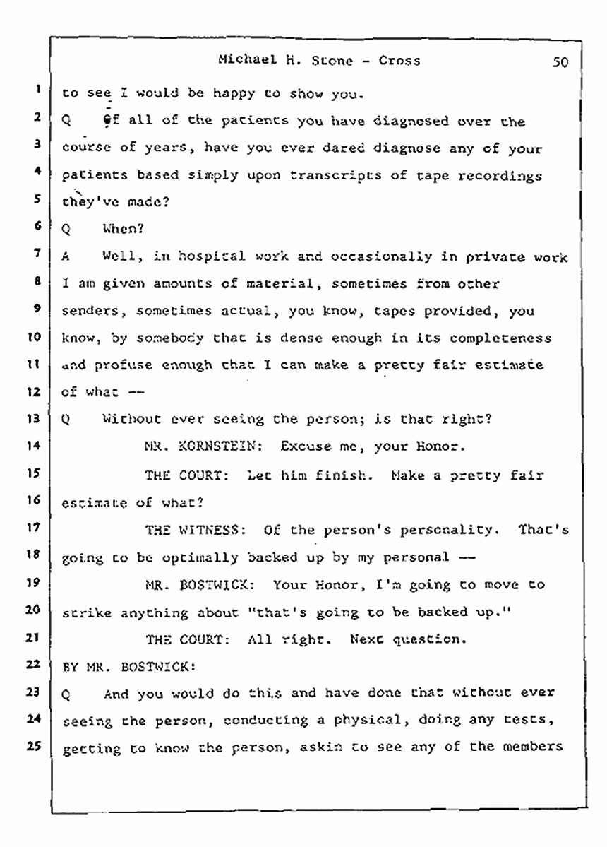 Los Angeles, California Civil Trial<br>Jeffrey MacDonald vs. Joe McGinniss<br><br>August 7, 1987:<br>Defendant's Witness: Michael Stone, M.D., p. 50