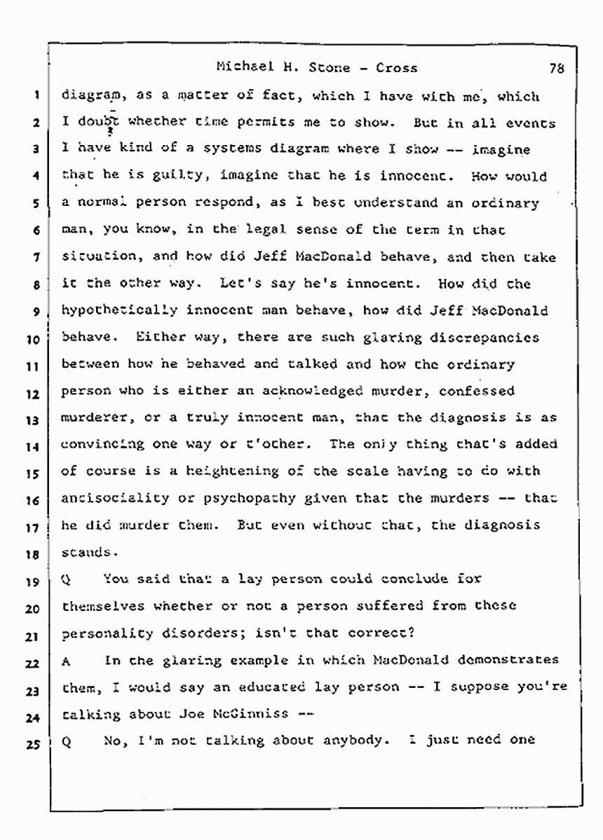 Los Angeles, California Civil Trial<br>Jeffrey MacDonald vs. Joe McGinniss<br><br>August 7, 1987:<br>Defendant's Witness: Michael Stone, M.D., p. 78