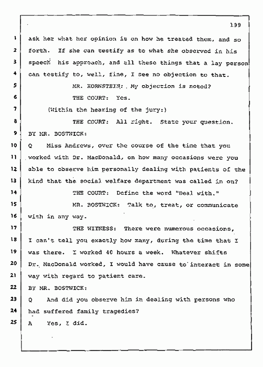Los Angeles, California Civil Trial<br>Jeffrey MacDonald vs. Joe McGinniss<br><br>August 11, 1987:<br>Rebuttal Witness: Jennifer Andrews, p. 199