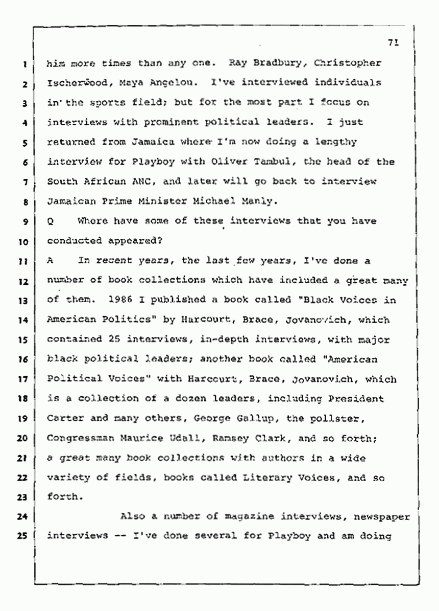 Los Angeles, California Civil Trial<br>Jeffrey MacDonald vs. Joe McGinniss<br><br>August 11, 1987:<br>Rebuttal Witness: Jeffrey Elliot, p. 71