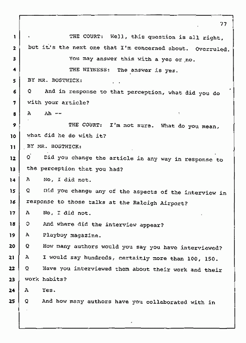 Los Angeles, California Civil Trial<br>Jeffrey MacDonald vs. Joe McGinniss<br><br>August 11, 1987:<br>Rebuttal Witness: Jeffrey Elliot, p. 77