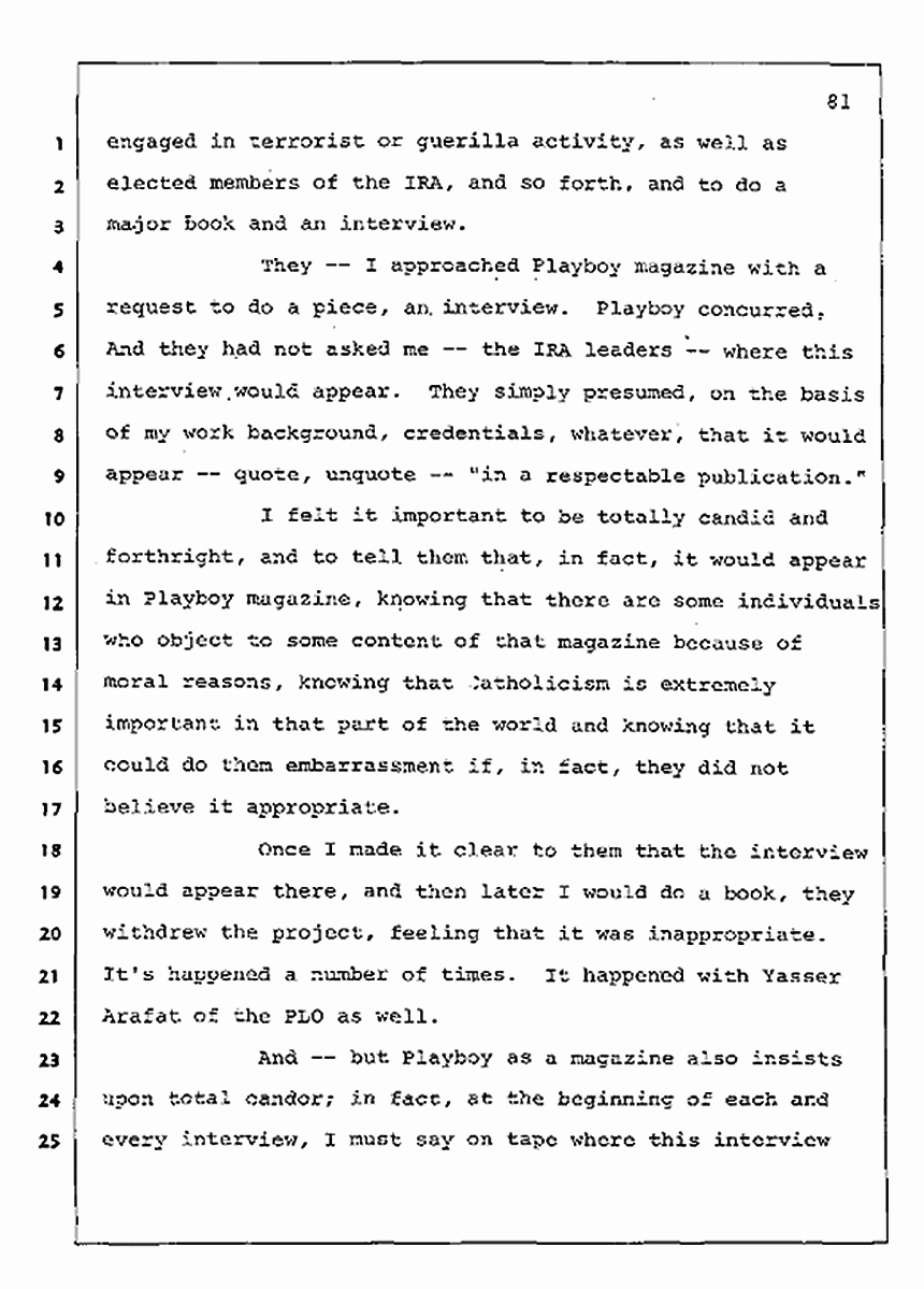 Los Angeles, California Civil Trial<br>Jeffrey MacDonald vs. Joe McGinniss<br><br>August 11, 1987:<br>Rebuttal Witness: Jeffrey Elliot, p. 81