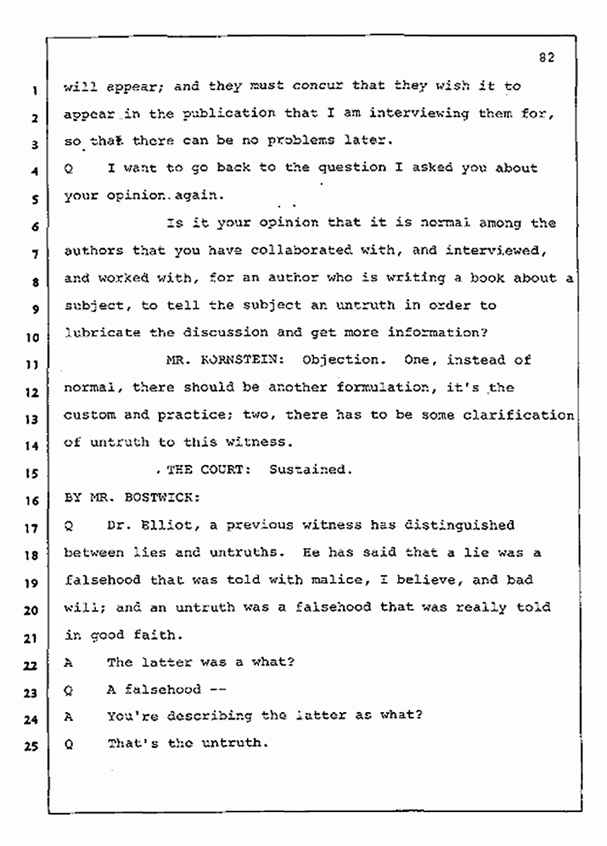 Los Angeles, California Civil Trial<br>Jeffrey MacDonald vs. Joe McGinniss<br><br>August 11, 1987:<br>Rebuttal Witness: Jeffrey Elliot, p. 82