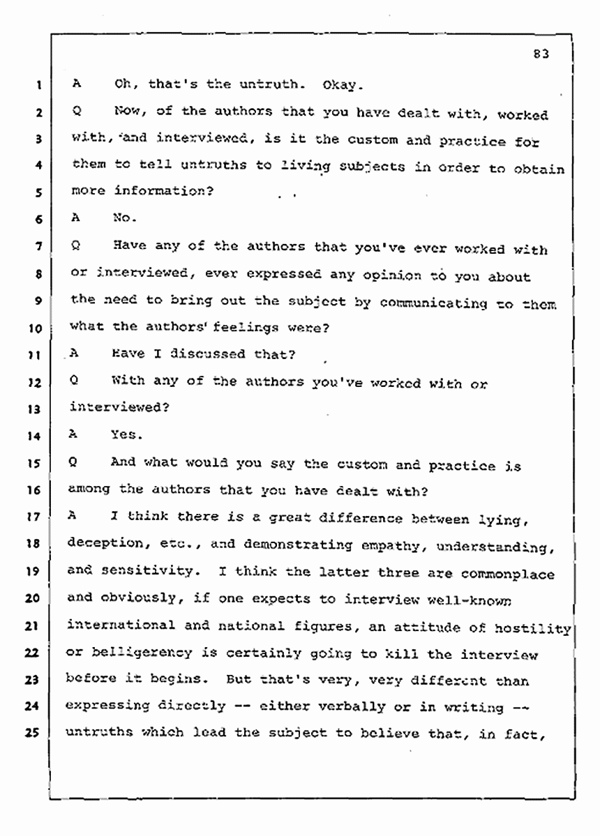 Los Angeles, California Civil Trial<br>Jeffrey MacDonald vs. Joe McGinniss<br><br>August 11, 1987:<br>Rebuttal Witness: Jeffrey Elliot, p. 83