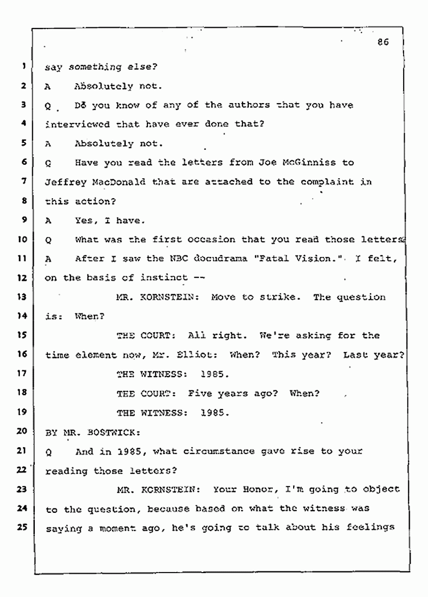 Los Angeles, California Civil Trial<br>Jeffrey MacDonald vs. Joe McGinniss<br><br>August 11, 1987:<br>Rebuttal Witness: Jeffrey Elliot, p. 86