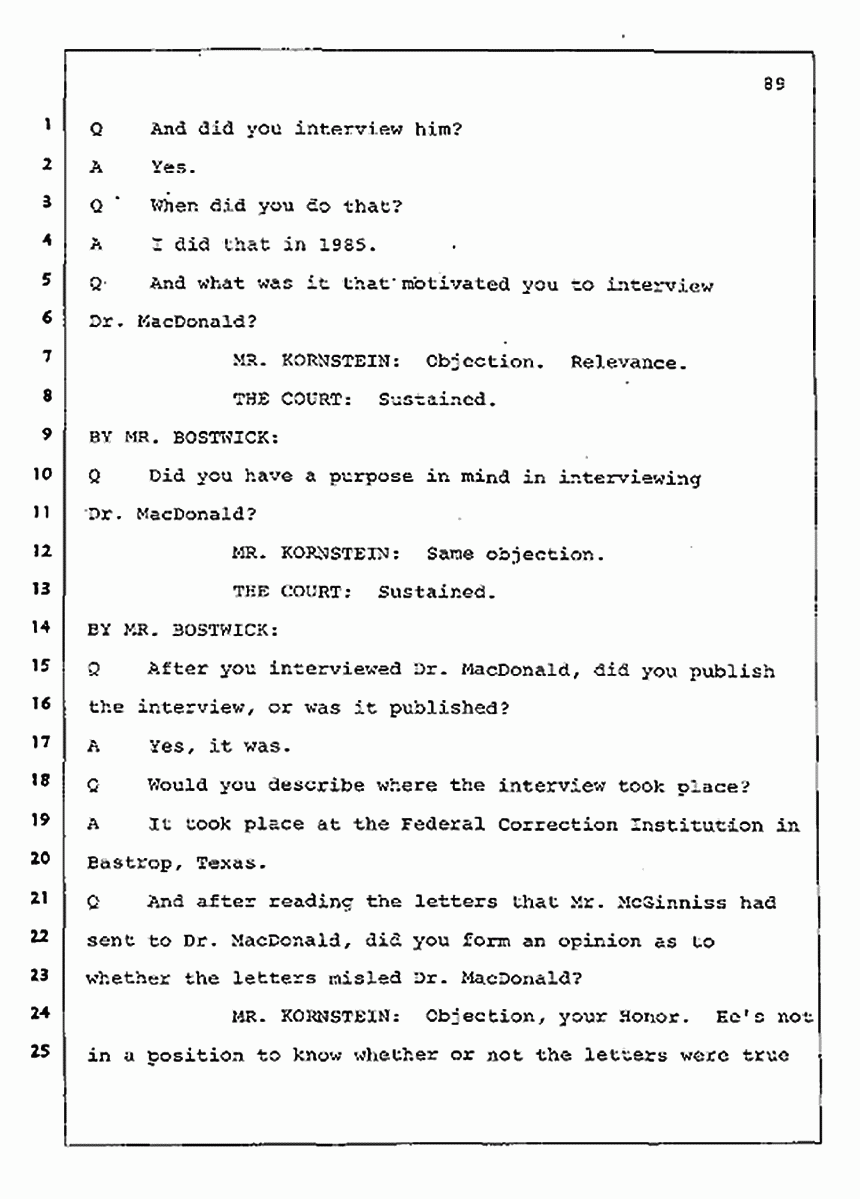 Los Angeles, California Civil Trial<br>Jeffrey MacDonald vs. Joe McGinniss<br><br>August 11, 1987:<br>Rebuttal Witness: Jeffrey Elliot, p. 89