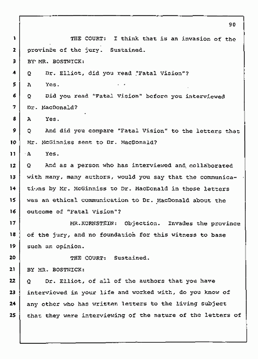 Los Angeles, California Civil Trial<br>Jeffrey MacDonald vs. Joe McGinniss<br><br>August 11, 1987:<br>Rebuttal Witness: Jeffrey Elliot, p. 90