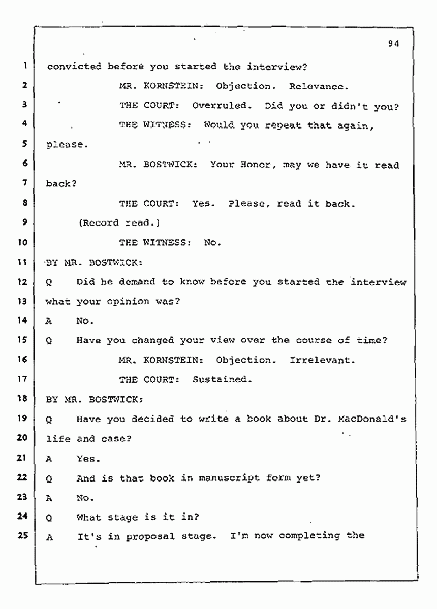 Los Angeles, California Civil Trial<br>Jeffrey MacDonald vs. Joe McGinniss<br><br>August 11, 1987:<br>Rebuttal Witness: Jeffrey Elliot, p. 94