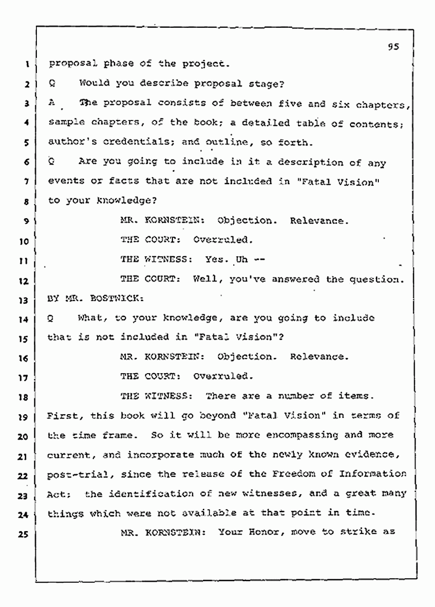 Los Angeles, California Civil Trial<br>Jeffrey MacDonald vs. Joe McGinniss<br><br>August 11, 1987:<br>Rebuttal Witness: Jeffrey Elliot, p. 95