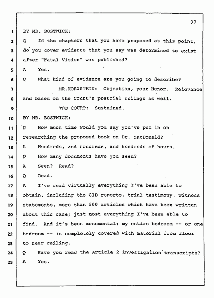 Los Angeles, California Civil Trial<br>Jeffrey MacDonald vs. Joe McGinniss<br><br>August 11, 1987:<br>Rebuttal Witness: Jeffrey Elliot, p. 97