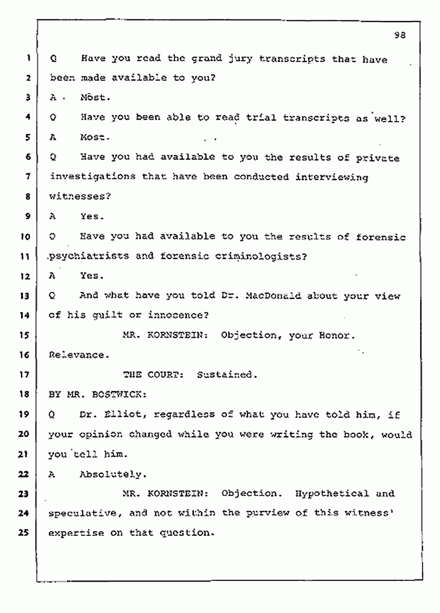 Los Angeles, California Civil Trial<br>Jeffrey MacDonald vs. Joe McGinniss<br><br>August 11, 1987:<br>Rebuttal Witness: Jeffrey Elliot, p. 98