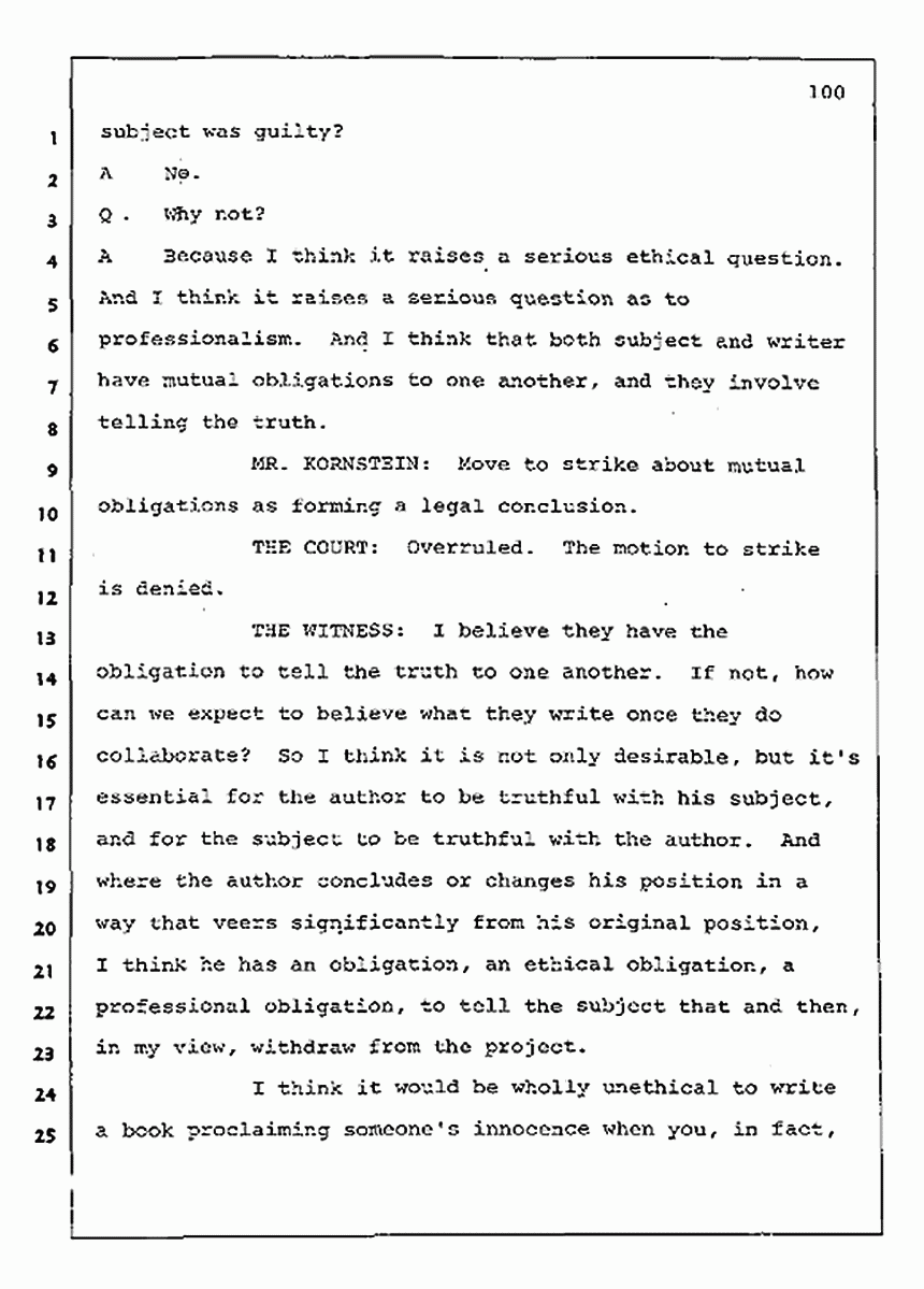Los Angeles, California Civil Trial<br>Jeffrey MacDonald vs. Joe McGinniss<br><br>August 11, 1987:<br>Rebuttal Witness: Jeffrey Elliot, p. 100
