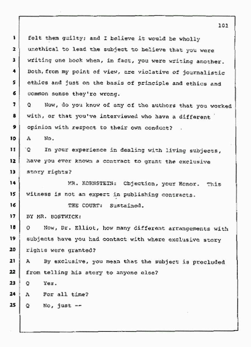 Los Angeles, California Civil Trial<br>Jeffrey MacDonald vs. Joe McGinniss<br><br>August 11, 1987:<br>Rebuttal Witness: Jeffrey Elliot, p. 101