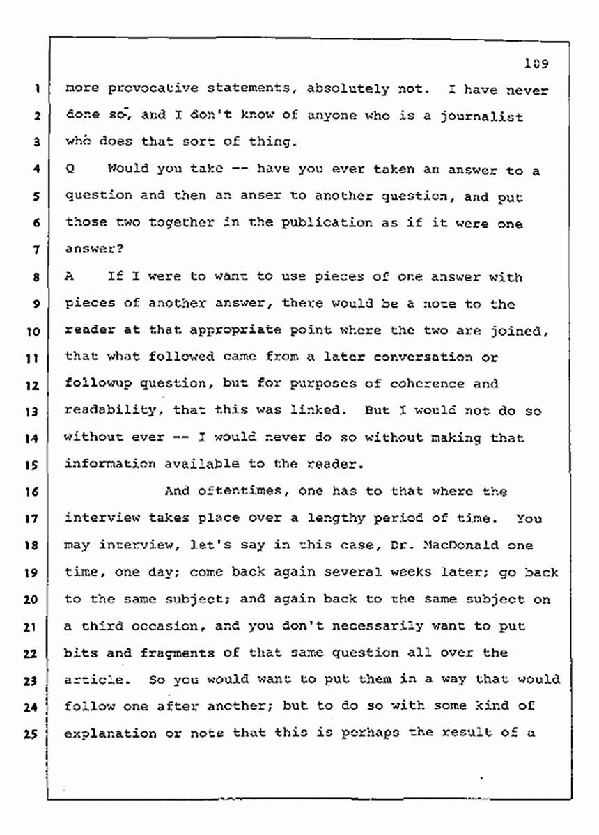 Los Angeles, California Civil Trial<br>Jeffrey MacDonald vs. Joe McGinniss<br><br>August 11, 1987:<br>Rebuttal Witness: Jeffrey Elliot, p. 109