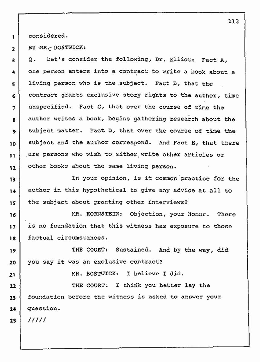 Los Angeles, California Civil Trial<br>Jeffrey MacDonald vs. Joe McGinniss<br><br>August 11, 1987:<br>Rebuttal Witness: Jeffrey Elliot, p. 113