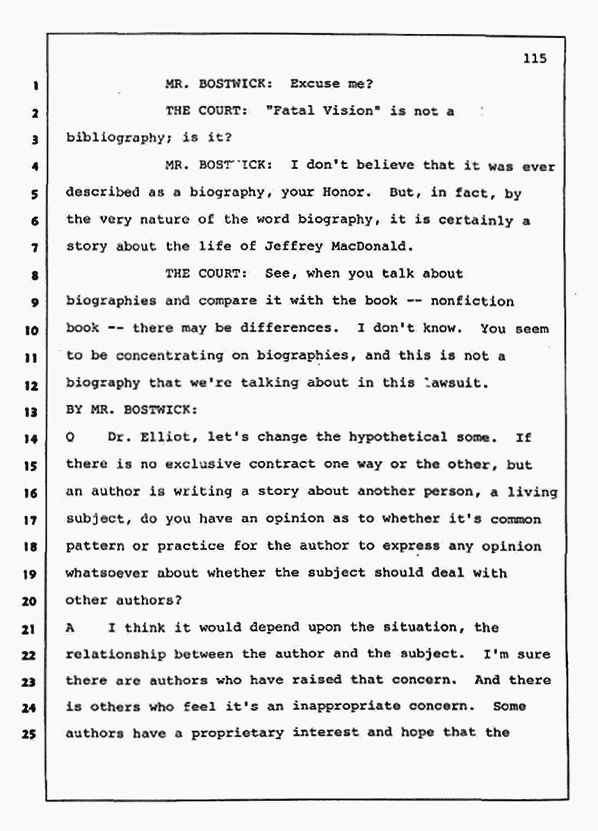 Los Angeles, California Civil Trial<br>Jeffrey MacDonald vs. Joe McGinniss<br><br>August 11, 1987:<br>Rebuttal Witness: Jeffrey Elliot, p. 115