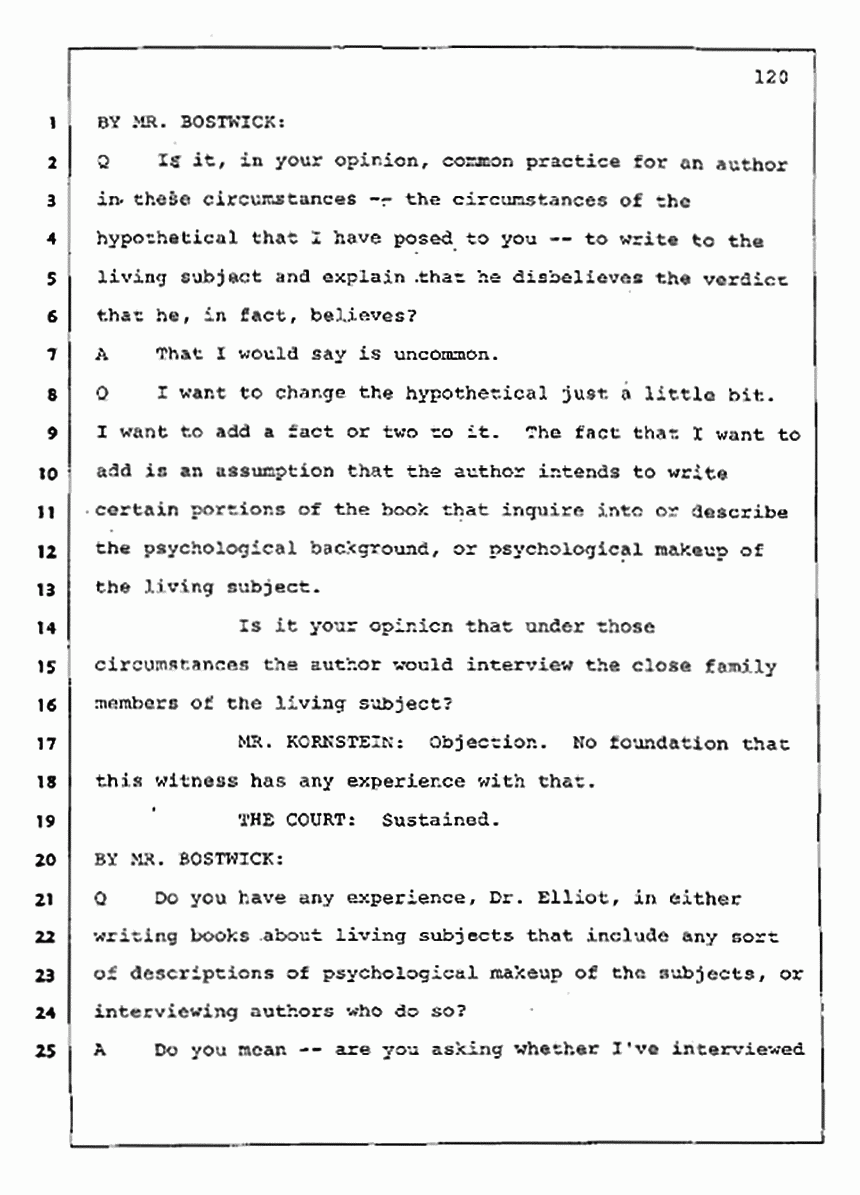 Los Angeles, California Civil Trial<br>Jeffrey MacDonald vs. Joe McGinniss<br><br>August 11, 1987:<br>Rebuttal Witness: Jeffrey Elliot, p. 120