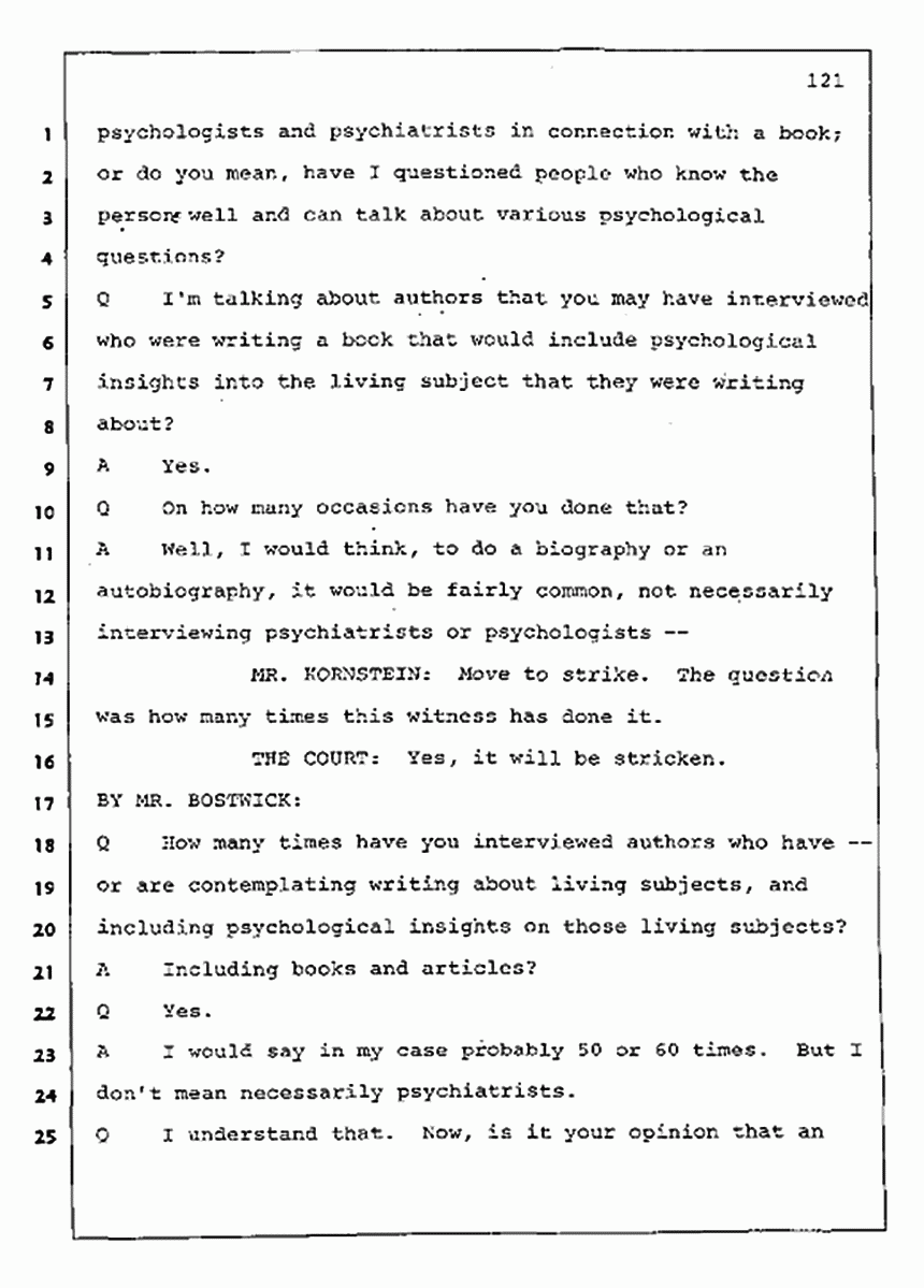 Los Angeles, California Civil Trial<br>Jeffrey MacDonald vs. Joe McGinniss<br><br>August 11, 1987:<br>Rebuttal Witness: Jeffrey Elliot, p. 121