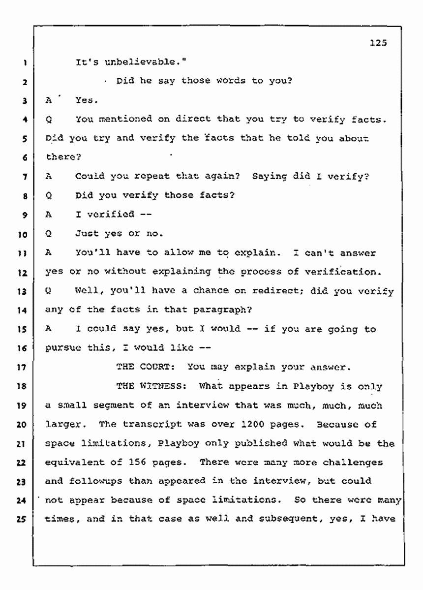 Los Angeles, California Civil Trial<br>Jeffrey MacDonald vs. Joe McGinniss<br><br>August 11, 1987:<br>Rebuttal Witness: Jeffrey Elliot, p. 125