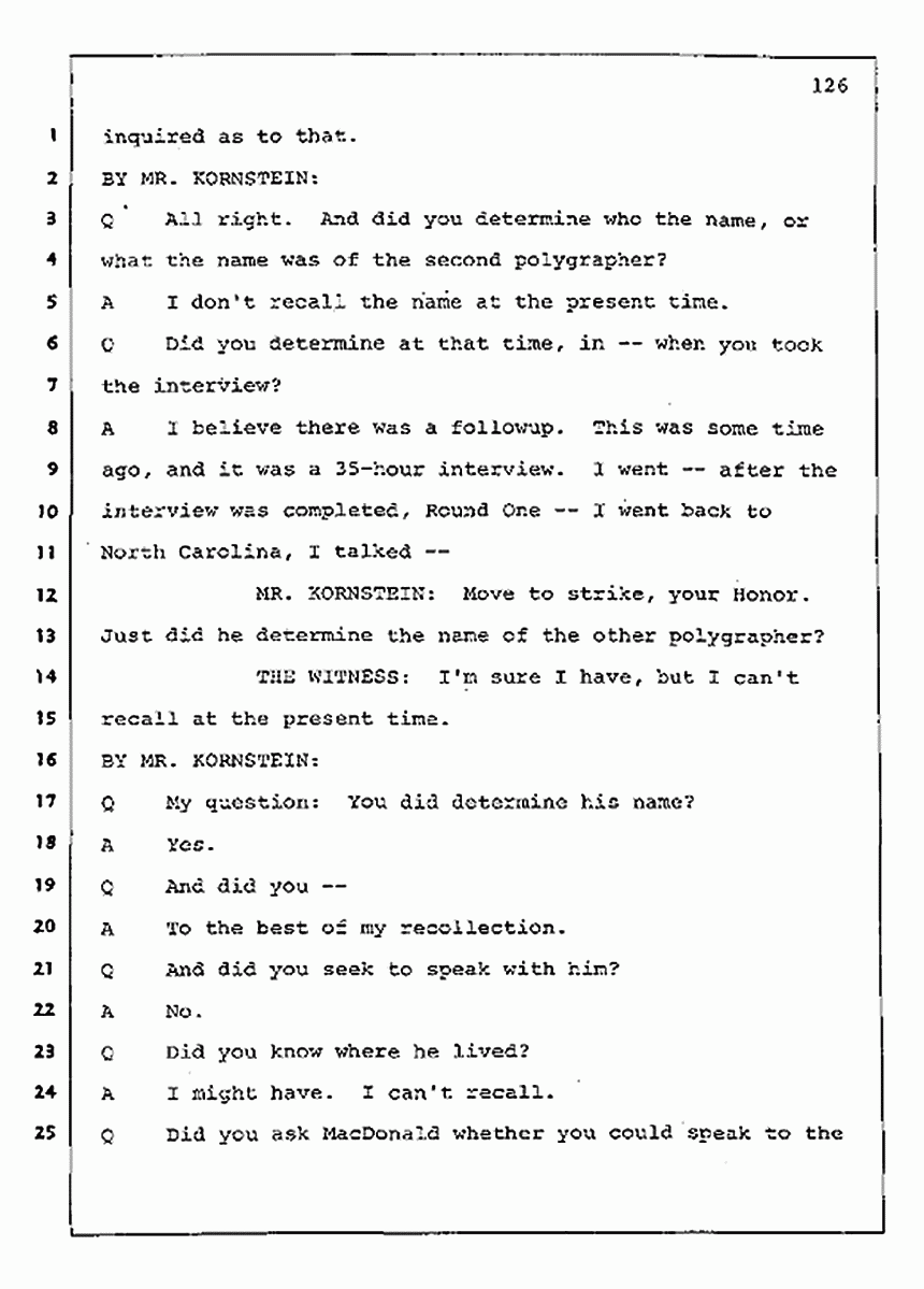 Los Angeles, California Civil Trial<br>Jeffrey MacDonald vs. Joe McGinniss<br><br>August 11, 1987:<br>Rebuttal Witness: Jeffrey Elliot, p. 126