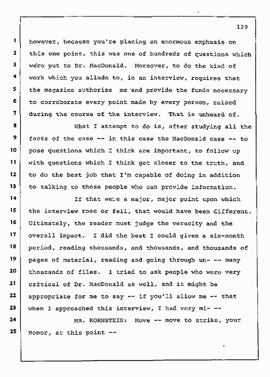 Los Angeles, California Civil Trial<br>Jeffrey MacDonald vs. Joe McGinniss<br><br>August 11, 1987:<br>Rebuttal Witness: Jeffrey Elliot, p. 129