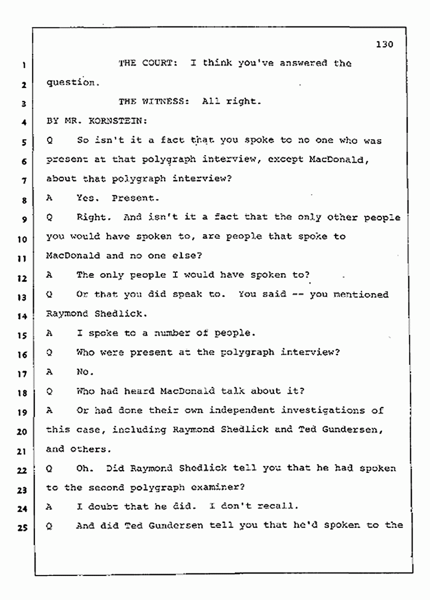 Los Angeles, California Civil Trial<br>Jeffrey MacDonald vs. Joe McGinniss<br><br>August 11, 1987:<br>Rebuttal Witness: Jeffrey Elliot, p. 130