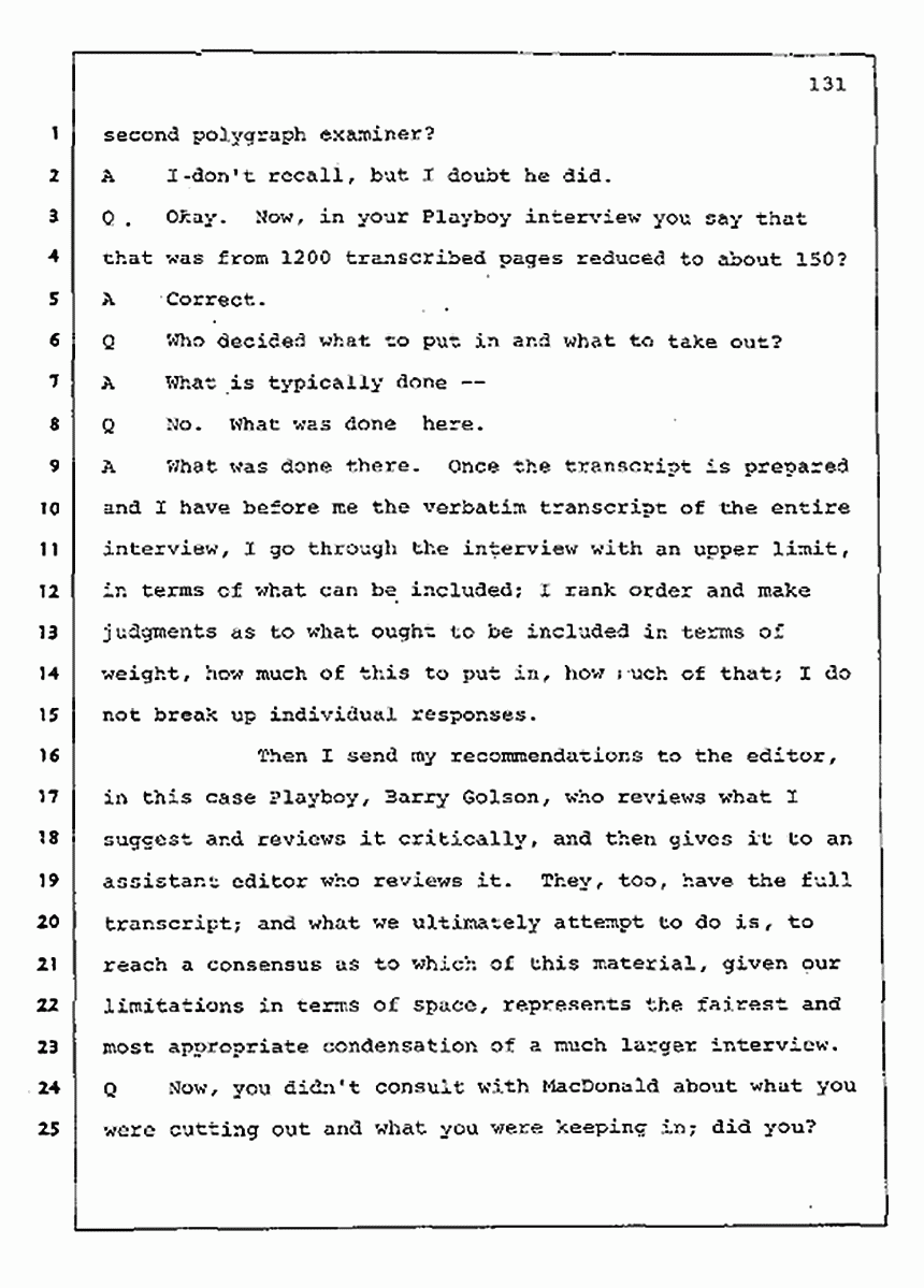 Los Angeles, California Civil Trial<br>Jeffrey MacDonald vs. Joe McGinniss<br><br>August 11, 1987:<br>Rebuttal Witness: Jeffrey Elliot, p. 131