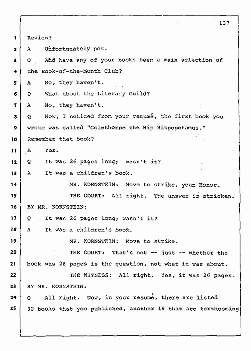 Los Angeles, California Civil Trial<br>Jeffrey MacDonald vs. Joe McGinniss<br><br>August 11, 1987:<br>Rebuttal Witness: Jeffrey Elliot, p. 137