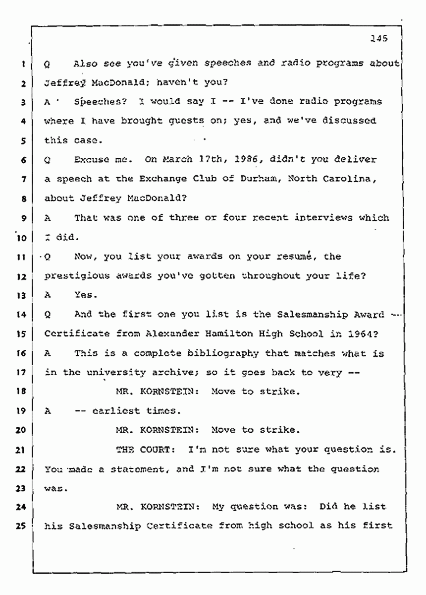 Los Angeles, California Civil Trial<br>Jeffrey MacDonald vs. Joe McGinniss<br><br>August 11, 1987:<br>Rebuttal Witness: Jeffrey Elliot, p. 145