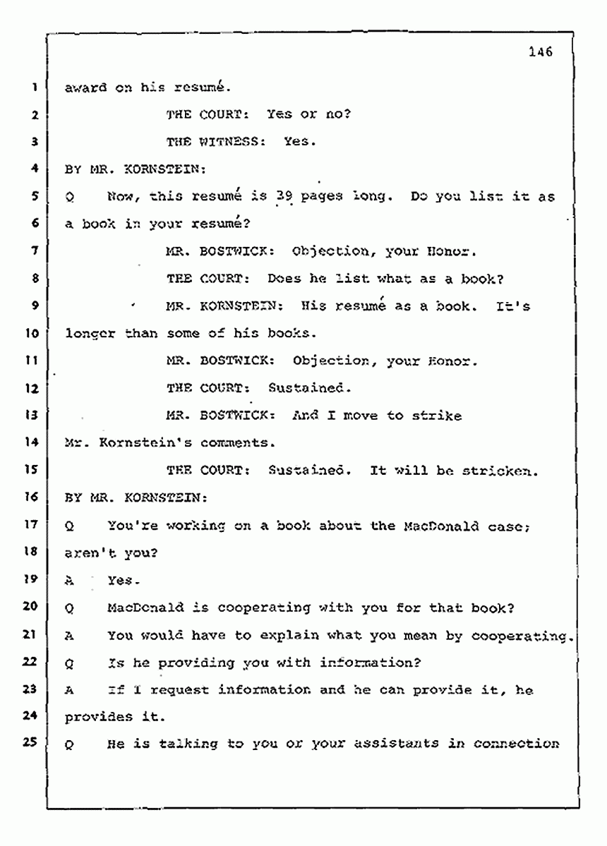 Los Angeles, California Civil Trial<br>Jeffrey MacDonald vs. Joe McGinniss<br><br>August 11, 1987:<br>Rebuttal Witness: Jeffrey Elliot, p. 146