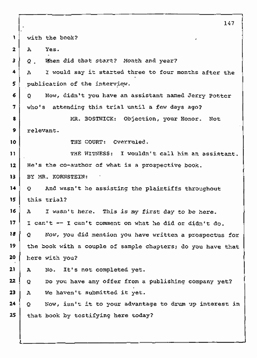 Los Angeles, California Civil Trial<br>Jeffrey MacDonald vs. Joe McGinniss<br><br>August 11, 1987:<br>Rebuttal Witness: Jeffrey Elliot, p. 147