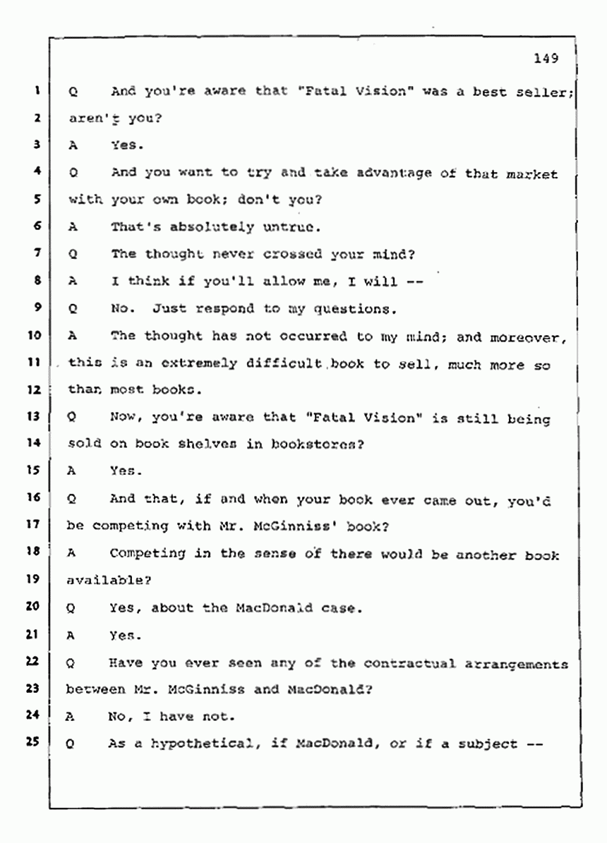 Los Angeles, California Civil Trial<br>Jeffrey MacDonald vs. Joe McGinniss<br><br>August 11, 1987:<br>Rebuttal Witness: Jeffrey Elliot, p. 149