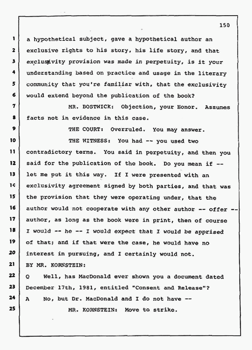 Los Angeles, California Civil Trial<br>Jeffrey MacDonald vs. Joe McGinniss<br><br>August 11, 1987:<br>Rebuttal Witness: Jeffrey Elliot, p. 150