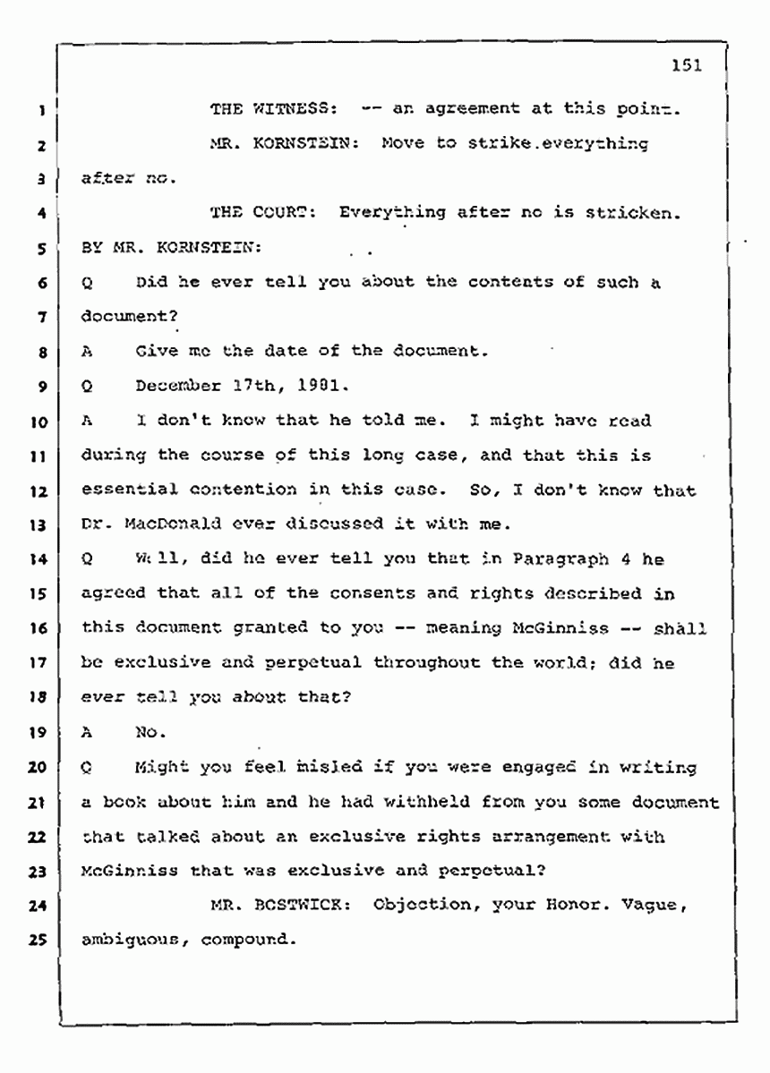 Los Angeles, California Civil Trial<br>Jeffrey MacDonald vs. Joe McGinniss<br><br>August 11, 1987:<br>Rebuttal Witness: Jeffrey Elliot, p. 151