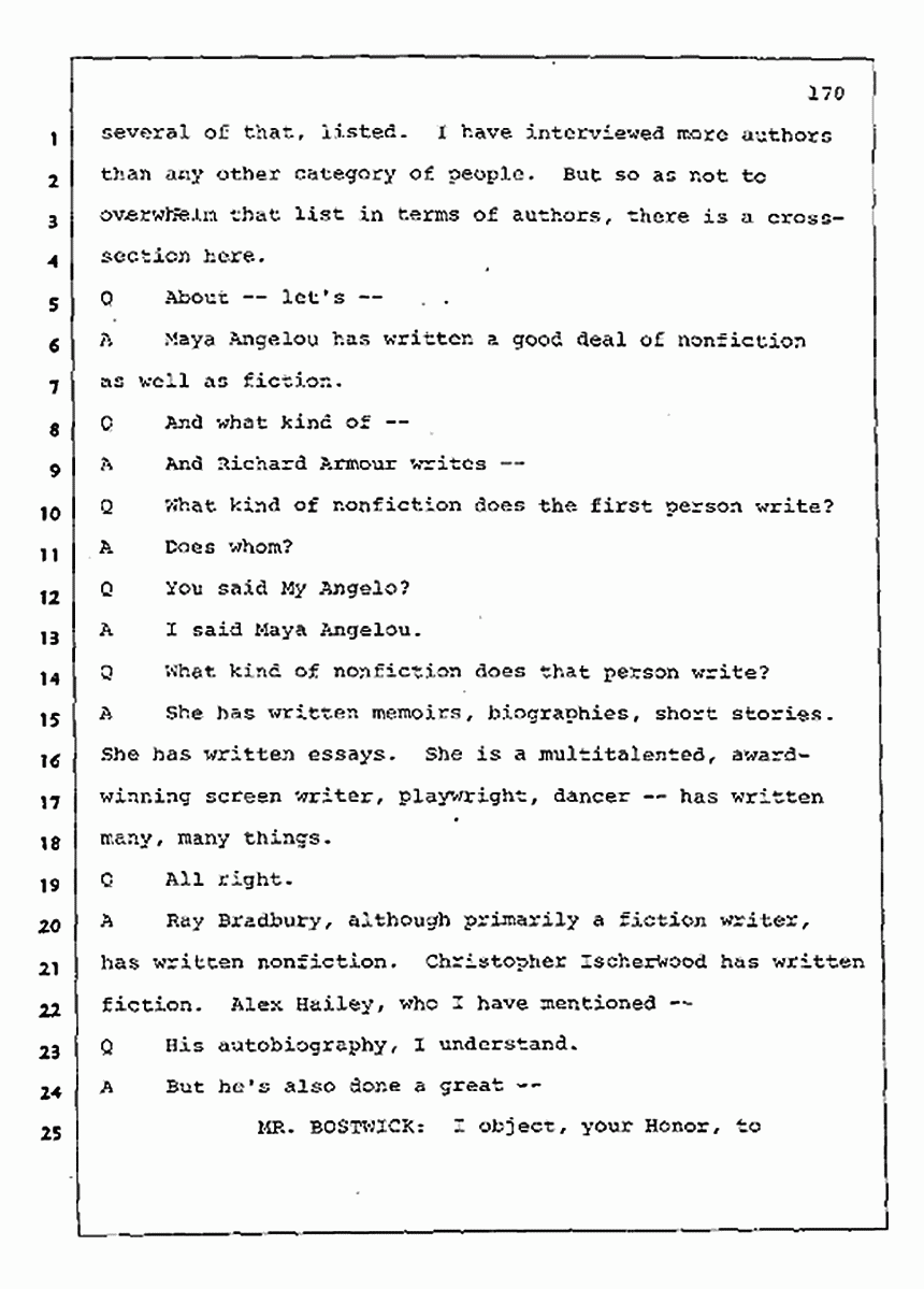Los Angeles, California Civil Trial<br>Jeffrey MacDonald vs. Joe McGinniss<br><br>August 11, 1987:<br>Rebuttal Witness: Jeffrey Elliot, p. 170
