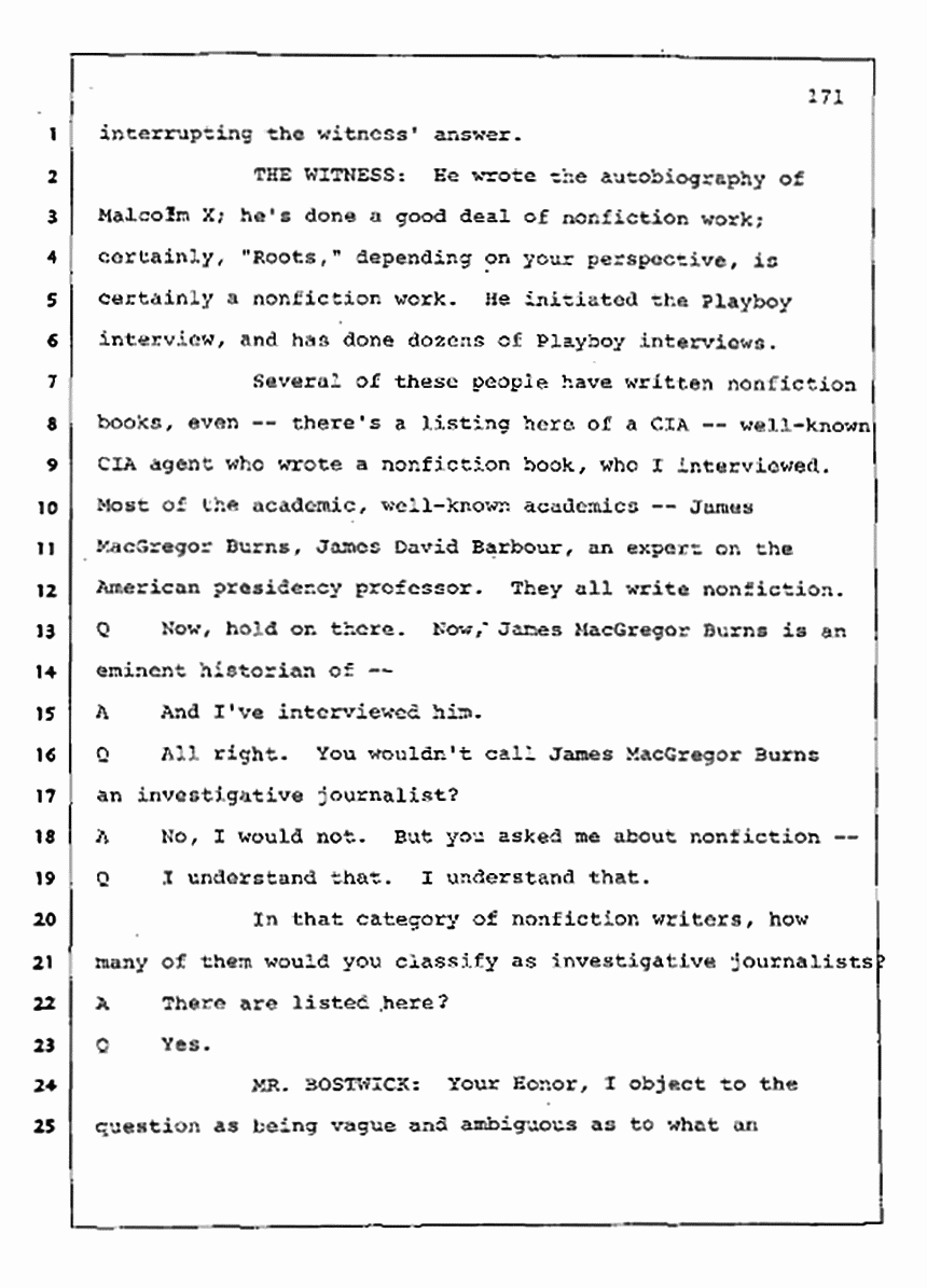 Los Angeles, California Civil Trial<br>Jeffrey MacDonald vs. Joe McGinniss<br><br>August 11, 1987:<br>Rebuttal Witness: Jeffrey Elliot, p. 171