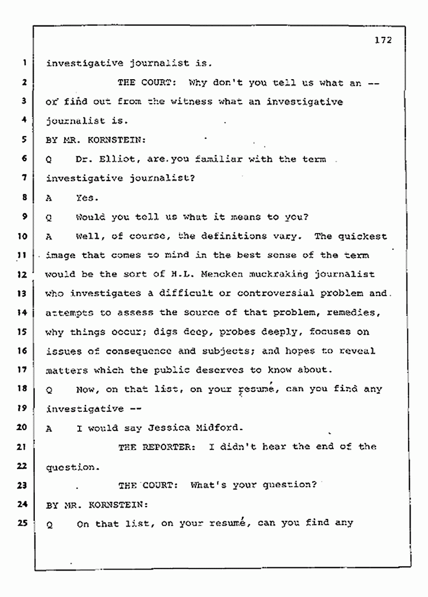 Los Angeles, California Civil Trial<br>Jeffrey MacDonald vs. Joe McGinniss<br><br>August 11, 1987:<br>Rebuttal Witness: Jeffrey Elliot, p. 172