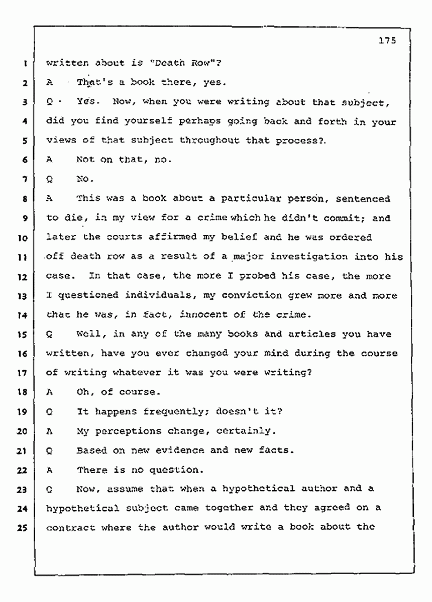 Los Angeles, California Civil Trial<br>Jeffrey MacDonald vs. Joe McGinniss<br><br>August 11, 1987:<br>Rebuttal Witness: Jeffrey Elliot, p. 175