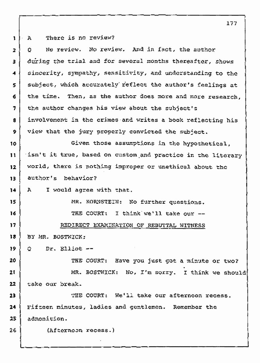 Los Angeles, California Civil Trial<br>Jeffrey MacDonald vs. Joe McGinniss<br><br>August 11, 1987:<br>Rebuttal Witness: Jeffrey Elliot, p. 177