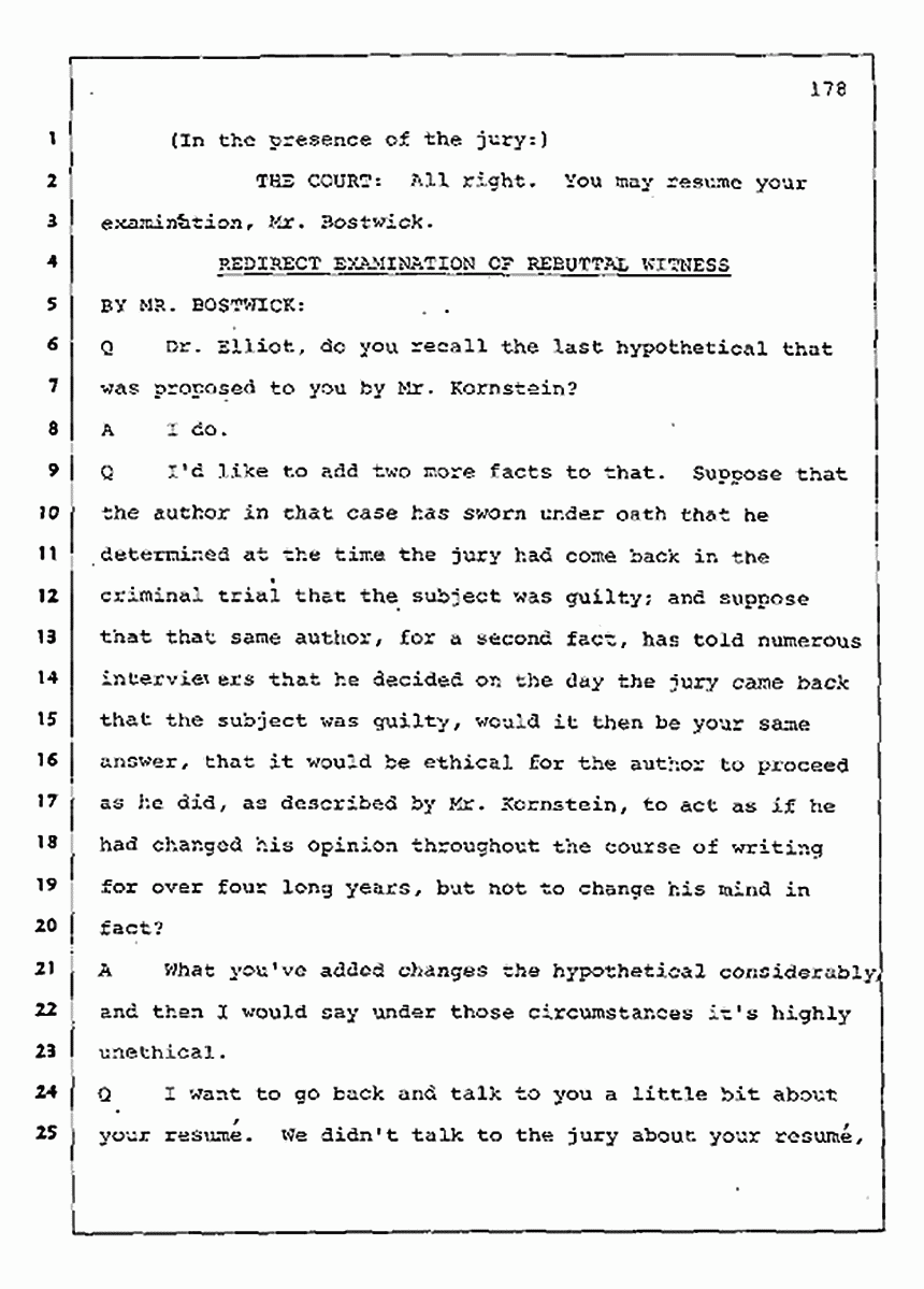 Los Angeles, California Civil Trial<br>Jeffrey MacDonald vs. Joe McGinniss<br><br>August 11, 1987:<br>Rebuttal Witness: Jeffrey Elliot, p. 178