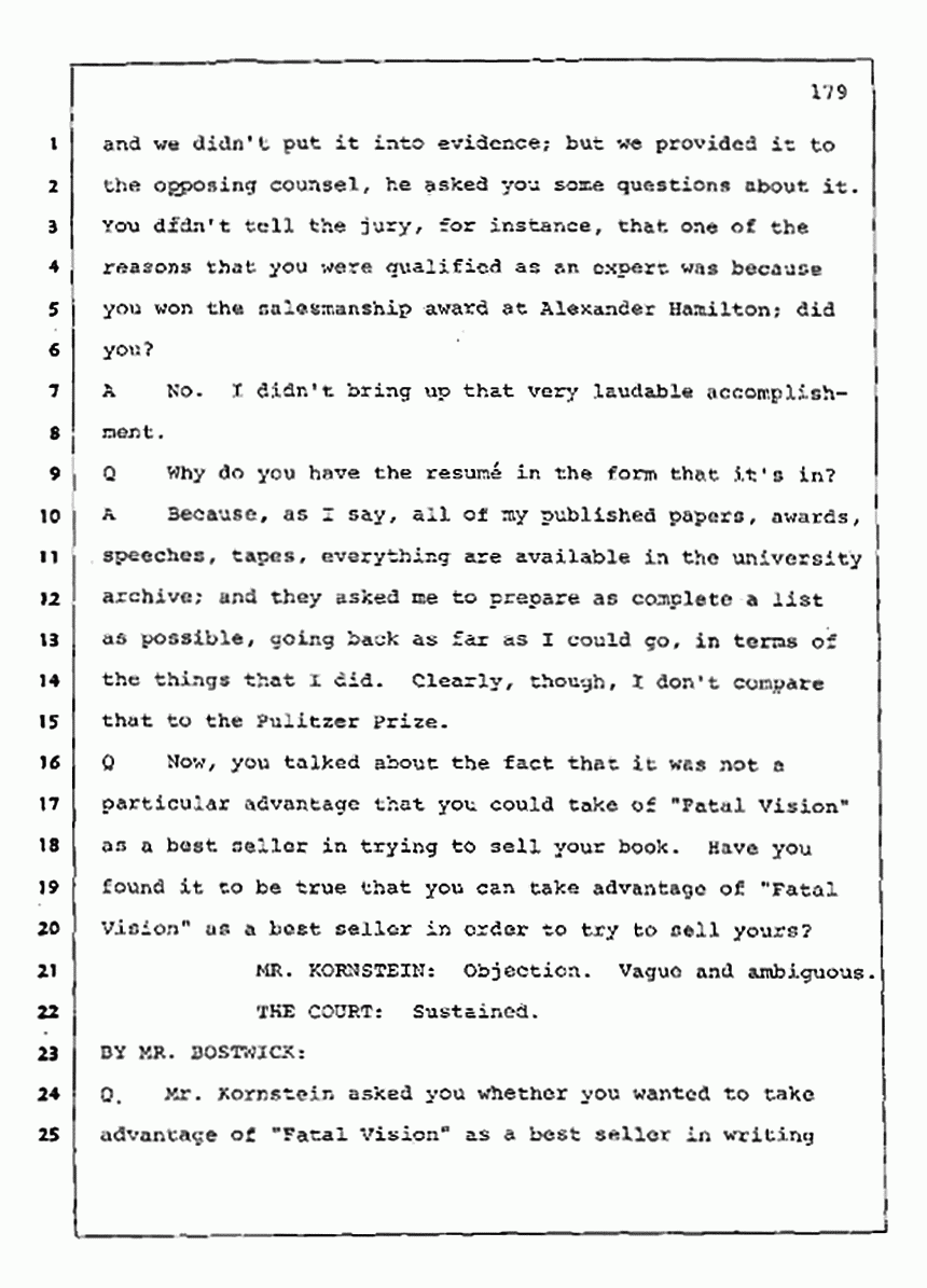Los Angeles, California Civil Trial<br>Jeffrey MacDonald vs. Joe McGinniss<br><br>August 11, 1987:<br>Rebuttal Witness: Jeffrey Elliot, p. 179