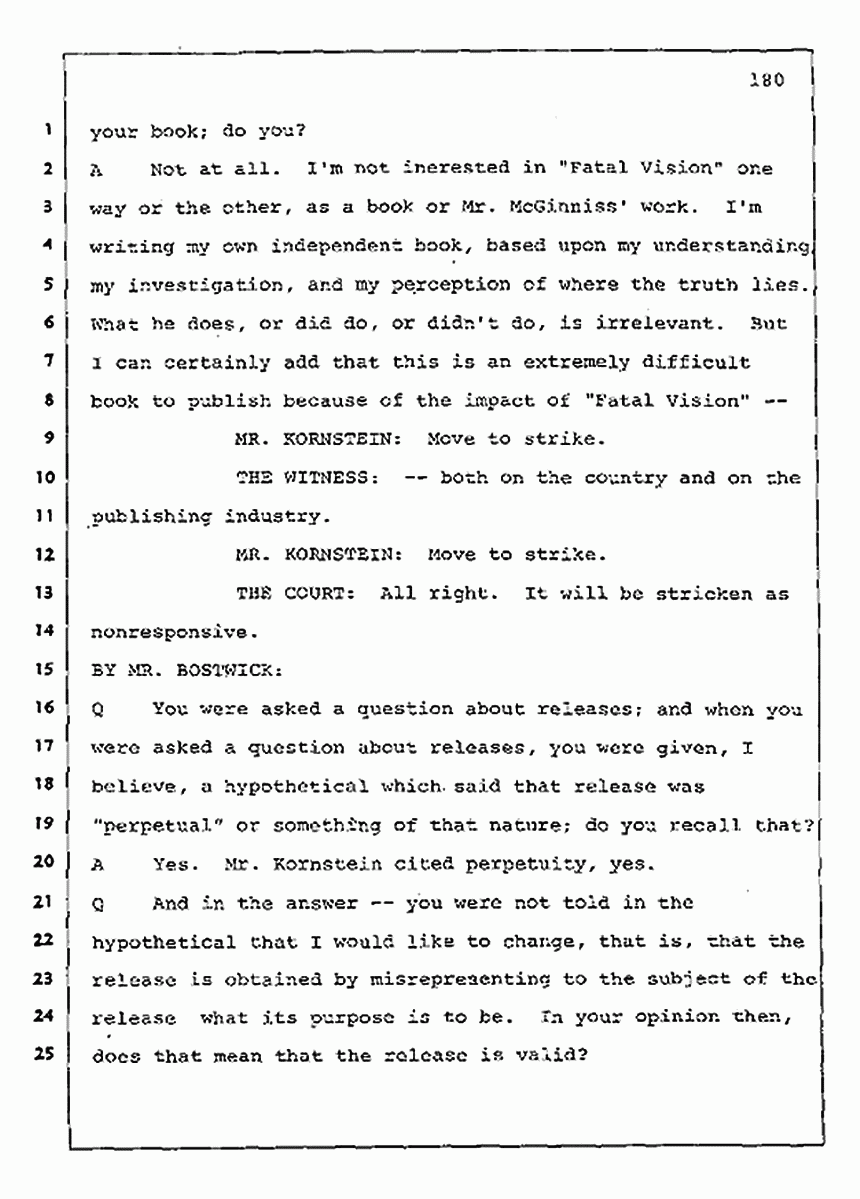 Los Angeles, California Civil Trial<br>Jeffrey MacDonald vs. Joe McGinniss<br><br>August 11, 1987:<br>Rebuttal Witness: Jeffrey Elliot, p. 180
